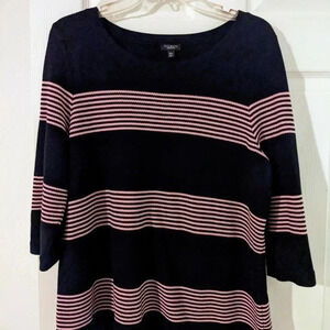 Talbots Pink Striped Navy Blue 3/4 Sleeve Knit Top Tunic 2X Petite‎